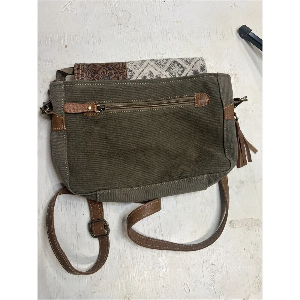 Myra Crossbody Shoulder Bag Purse Leather & Canvas Trim Adjustable Strap